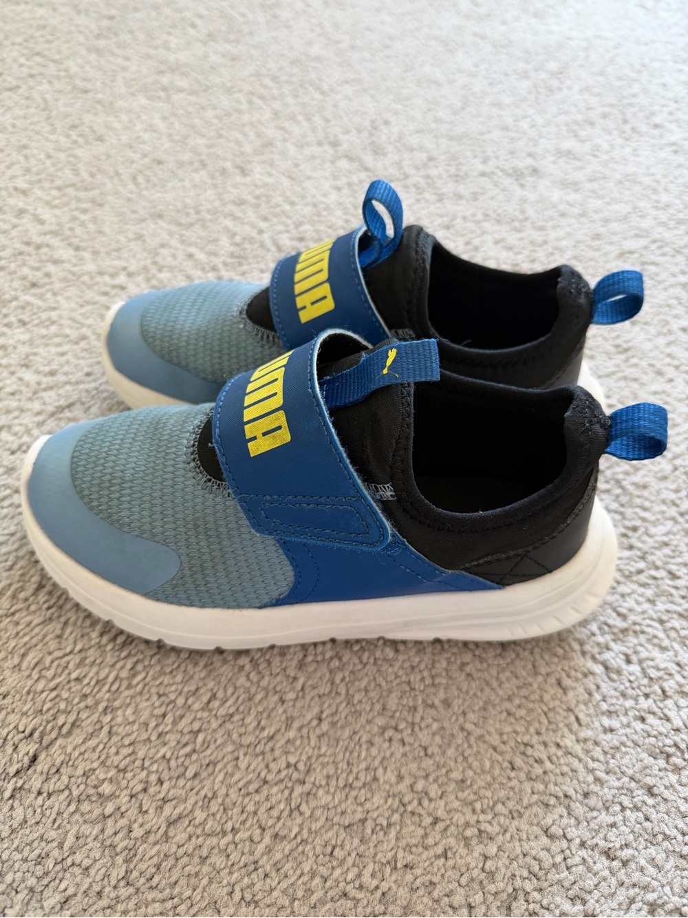 Puma Kids Blue and Black Slip-On Sneakers with Yellow Logo